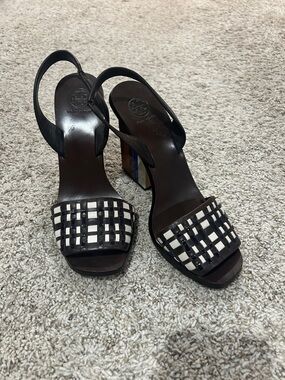 Tory Burch Black and White Woven Color Block Heel Slingback Sandals